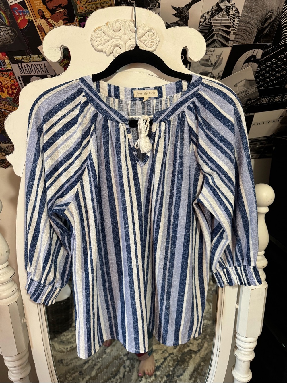 Joie de Vivre Blue & White Striped Peasant Tunic with Tassel Tie